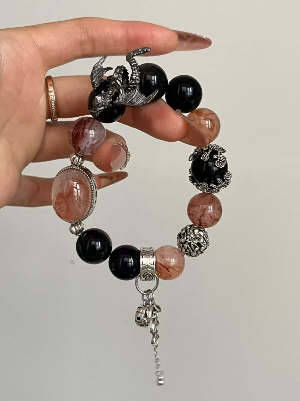 Red Coral & Silver Obsidian Bracelet - Image 7